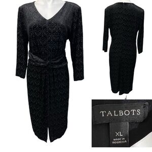 ✨Talbots dress XL black velvet jacquard motif print long sleeve holiday cocktail